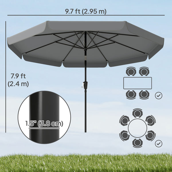 10 ft Patio Umbrella with Push Button Tilt and Crank, Outdoor Market Table Umbrella Parasol with Vent, 8 Ribs for Garden, Deck, Pool, Dark Grey