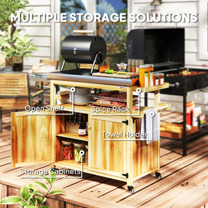 Outsunny Outdoor Grill Cart with Wheels and Storage, Solid Wood Outdoor Kitchen Island with Stainless Steel Top, Movable Bar Cart with Spice Rack, Side Handle, Integrated Hole for BBQ, Natural Wood