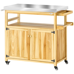 Outsunny Outdoor Grill Cart with Wheels and Storage, Solid Wood Outdoor Kitchen Island with Stainless Steel Top, Movable Bar Cart with Spice Rack, Side Handle, Integrated Hole for BBQ, Natural Wood