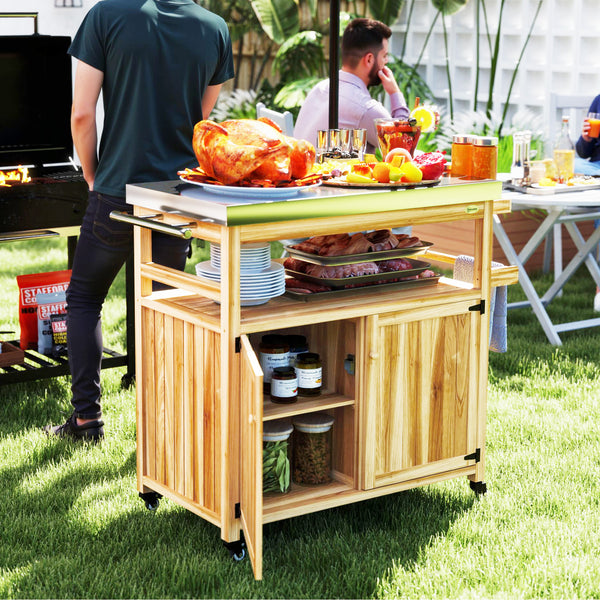 Outsunny Outdoor Grill Cart with Wheels and Storage, Solid Wood Outdoor Kitchen Island with Stainless Steel Top, Movable Bar Cart with Spice Rack, Side Handle, Integrated Hole for BBQ, Natural Wood