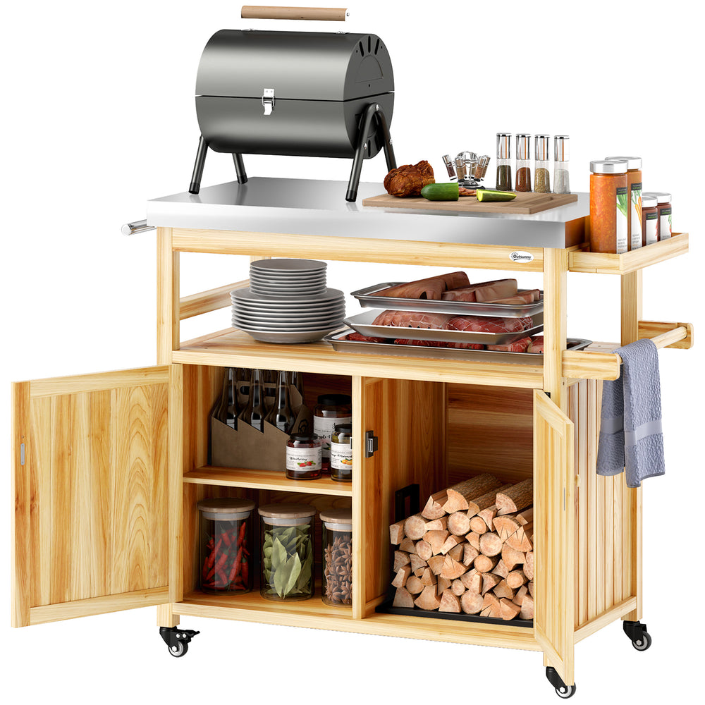 Outsunny Outdoor Grill Cart with Wheels and Storage, Solid Wood Outdoor Kitchen Island with Stainless Steel Top, Movable Bar Cart with Spice Rack, Side Handle, Integrated Hole for BBQ, Natural Wood