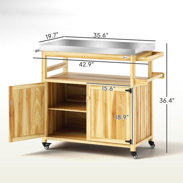 Outsunny Outdoor Grill Cart with Wheels and Storage, Solid Wood Outdoor Kitchen Island with Stainless Steel Top, Movable Bar Cart with Spice Rack, Side Handle, Integrated Hole for BBQ, Natural Wood