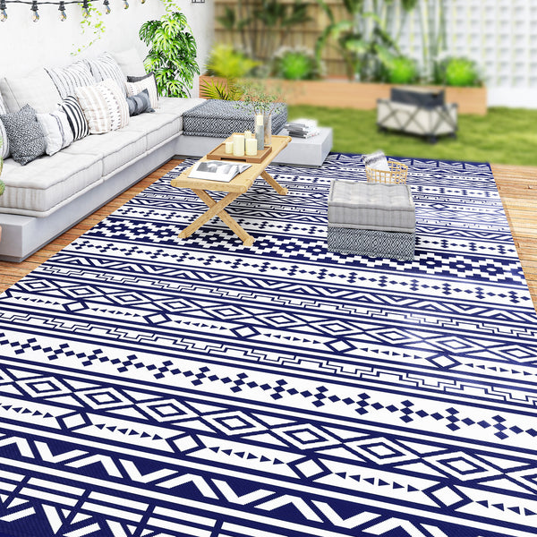 Outdoor Rug for Patio, 9' x 18' Waterproof Large Mat, Reversible Plastic Straw Rug for Decor, Portable Outside RV Camping Area Carpet Mat for Backyard Porch Deck Picnic, Blue White Geometric