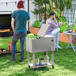 60 Quart Rolling Patio Cooler Cart, Portable Outdoor Cooler with Locking Wheels, Storage Shelf, Steel Bottle Opener, Ice Chest for Patio Backyard Party BBQ, Silver