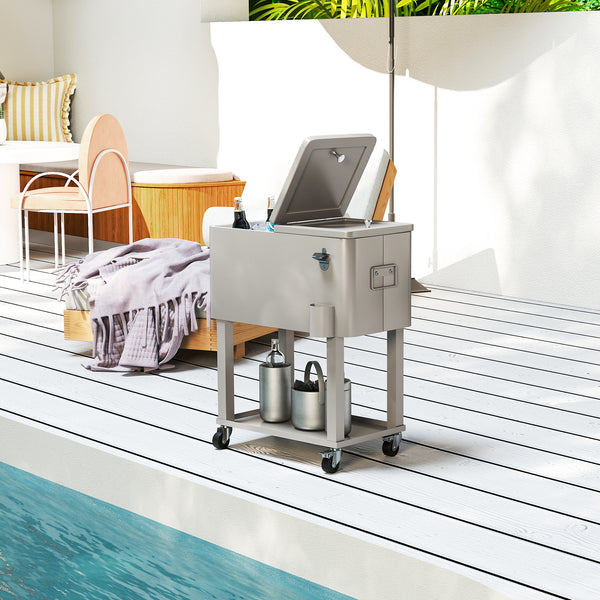 60 Quart Rolling Patio Cooler Cart, Portable Outdoor Cooler with Locking Wheels, Storage Shelf, Steel Bottle Opener, Ice Chest for Patio Backyard Party BBQ, Silver