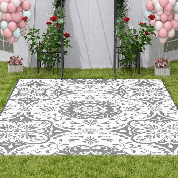 Outsunny Reversible Outdoor Rug, 9' x 12' Waterproof Plastic Straw Floor Mat, Portable RV Camping Carpet, Large Floor Mat for Backyard, Deck, Picnic, Beach, Gray & White Floral