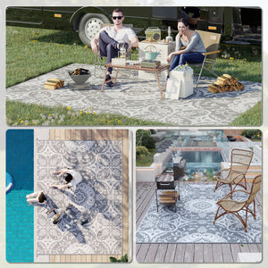 Outsunny Reversible Outdoor Rug, 9' x 12' Waterproof Plastic Straw Floor Mat, Portable RV Camping Carpet, Large Floor Mat for Backyard, Deck, Picnic, Beach, Gray & White Floral