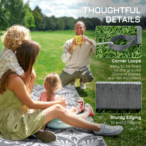 Outsunny Reversible Outdoor Rug, 9' x 12' Waterproof Plastic Straw Floor Mat, Portable RV Camping Carpet, Large Floor Mat for Backyard, Deck, Picnic, Beach, Gray & White Floral