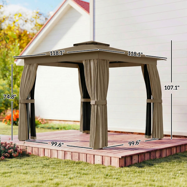 10' x 10' Outdoor Patio Gazebo, Soft Top Gazebo Canopy Shelter with Double Roof, Curtains, Netting, Steel Frame, UPF30+ Protection, Ceiling Hook for Lawn, Backyard, Deck, Khaki