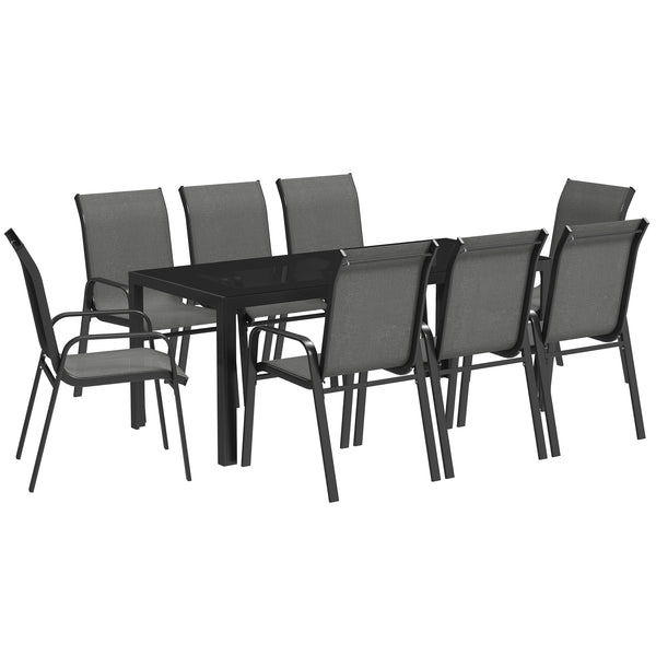8 Seater Garden Dining Set with Stacking Chairs, Rectangular Tempered Glass Top, Garden Furniture Set, Outdoor Dining Table and Chairs for Patio, Balcony, Poolside, Dark Grey