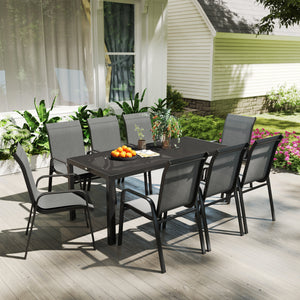 8 Seater Garden Dining Set with Stacking Chairs, Rectangular Tempered Glass Top, Garden Furniture Set, Outdoor Dining Table and Chairs for Patio, Balcony, Poolside, Dark Grey