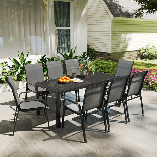 8 Seater Garden Dining Set with Stacking Chairs, Rectangular Tempered Glass Top, Garden Furniture Set, Outdoor Dining Table and Chairs for Patio, Balcony, Poolside, Dark Grey