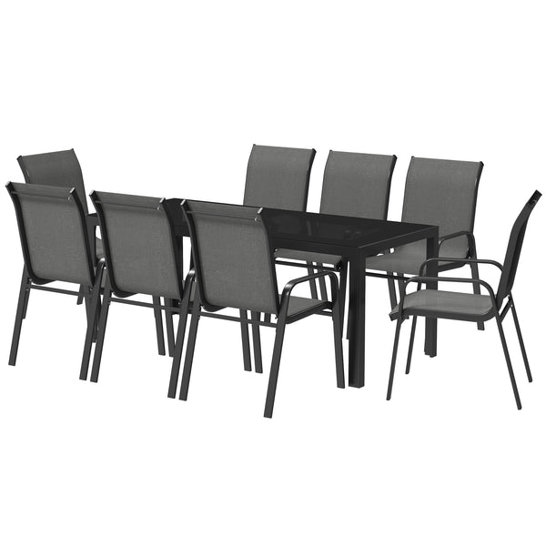 8 Seater Garden Dining Set with Stacking Chairs, Rectangular Tempered Glass Top, Garden Furniture Set, Outdoor Dining Table and Chairs for Patio, Balcony, Poolside, Dark Grey