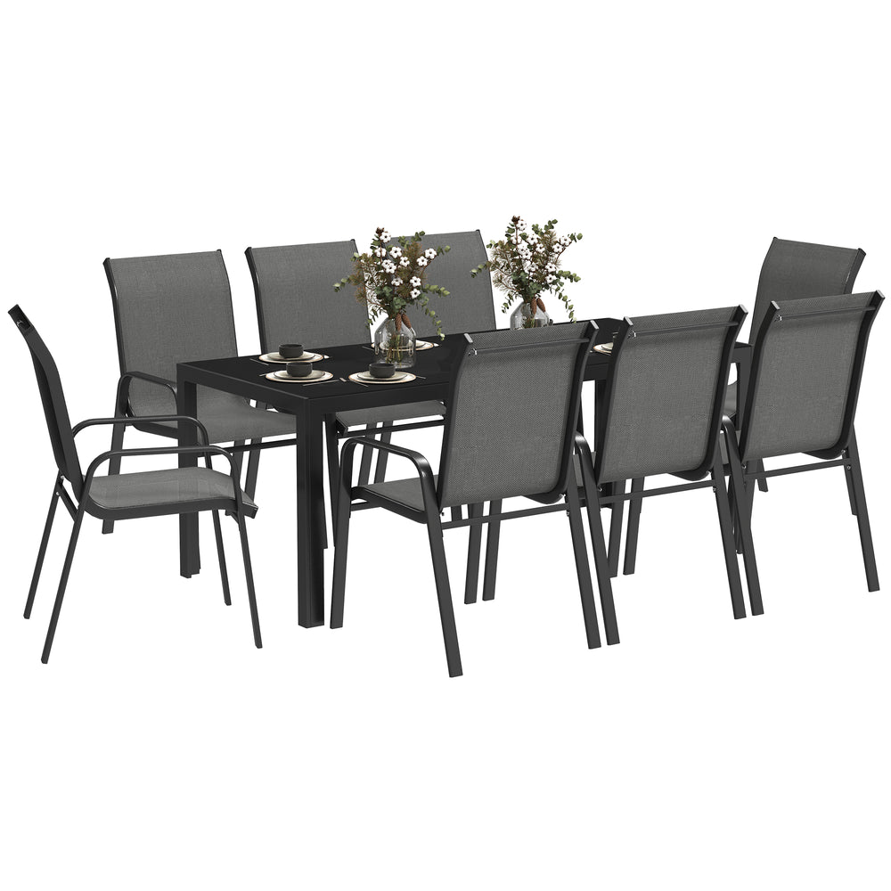 8 Seater Garden Dining Set with Stacking Chairs, Rectangular Tempered Glass Top, Garden Furniture Set, Outdoor Dining Table and Chairs for Patio, Balcony, Poolside, Dark Grey