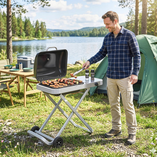 Foldable Gas BBQ Grill with Side Table, Portable Gas Barbecue Grill with Folding Trolley, Thermometer, Grease Box, Wheels for Garden Party Camping Picnic Outdoor Cooking, 2.5 kW, Black