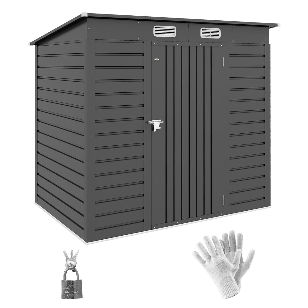6.3 x 4.3FT Garden Shed. Galvanised Metal Shed, Outdoor Tool Storage Shed with Pent Roof, Lockable Door and 2 Vents, Grey