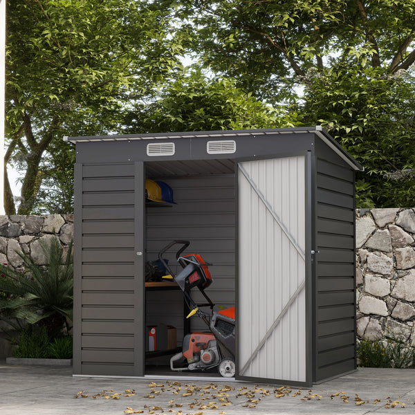 6.3 x 4.3FT Garden Shed. Galvanised Metal Shed, Outdoor Tool Storage Shed with Pent Roof, Lockable Door and 2 Vents, Grey