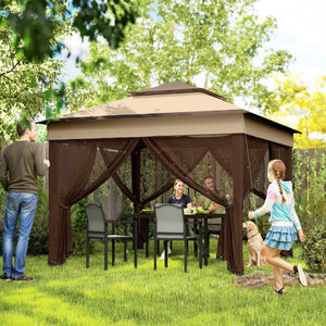 10.7 x 10.7ft Pop Up Camping Gazebo, Height Adjustable Instant Sun Shelter with UV30+ Roof Cover, Removable Mesh Curtains and Carrying Bag for Patio, Backyard, Beige