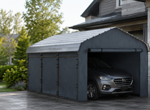 A dark gray metal carport with a slanted roof is parked next to a house, with a gray SUV inside. The carport is situated on a paved driveway in a landscaped yard with trees and shrubs.