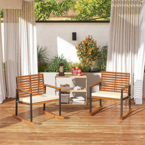 Outdoor Rocking Chair Set of 2, Acacia Wood Outdoor Rockers with Armrests, Cushion, Patio Wooden Rocking Chair Set for Garden, Balcony, Porch, 353 lbs. Capacity, Cream White