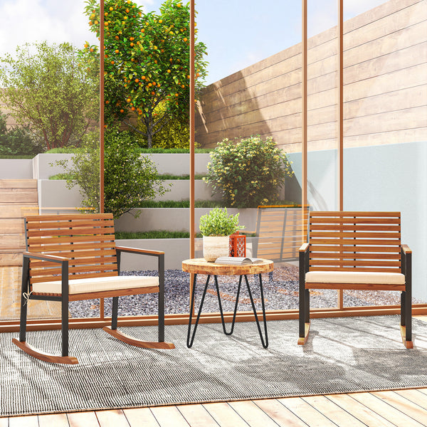 Outdoor Rocking Chair Set of 2, Acacia Wood Outdoor Rockers with Armrests, Cushion, Patio Wooden Rocking Chair Set for Garden, Balcony, Porch, 353 lbs. Capacity, Cream White