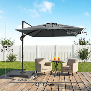 8' x 8' Offset Cantilever Patio Umbrella with Base Weights, UPF50+ Square Outdoor Cantilever Parasol with 360° Rotation, 5 Level Adjustable Tilt, Aluminum Pole, Dark Grey