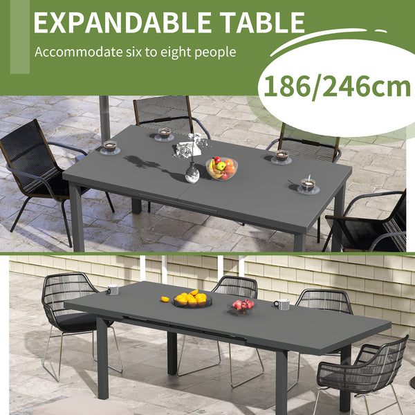 Extending Garden Table, Rectangle Outdoor Dining Table for 6-8, Aluminium Frame, for Lawn Balcony - Charcoal Grey