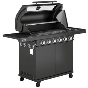 6+1 Burner Gas BBQ Grill, Portable Outdoor Barbecue Trolley with Wheels, Warming Rack, Built-in Thermometer, Side Shelves, Cabinet, Bottle Opener, Lid with Viewing Window, Black