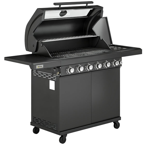 6+1 Burner Gas BBQ Grill, Portable Outdoor Barbecue Trolley with Wheels, Warming Rack, Built-in Thermometer, Side Shelves, Cabinet, Bottle Opener, Lid with Viewing Window, Black