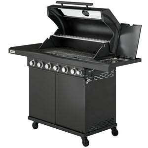 6+1 Burner Gas BBQ Grill, Portable Outdoor Barbecue Trolley with Wheels, Warming Rack, Built-in Thermometer, Side Shelves, Cabinet, Bottle Opener, Lid with Viewing Window, Black