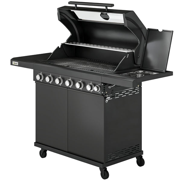 6+1 Burner Gas BBQ Grill, Portable Outdoor Barbecue Trolley with Wheels, Warming Rack, Built-in Thermometer, Side Shelves, Cabinet, Bottle Opener, Lid with Viewing Window, Black