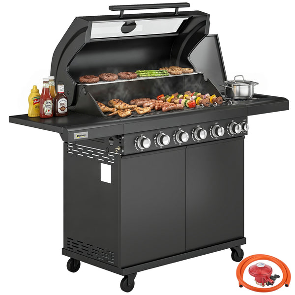 6+1 Burner Gas BBQ Grill, Portable Outdoor Barbecue Trolley with Wheels, Warming Rack, Built-in Thermometer, Side Shelves, Cabinet, Bottle Opener, Lid with Viewing Window, Black