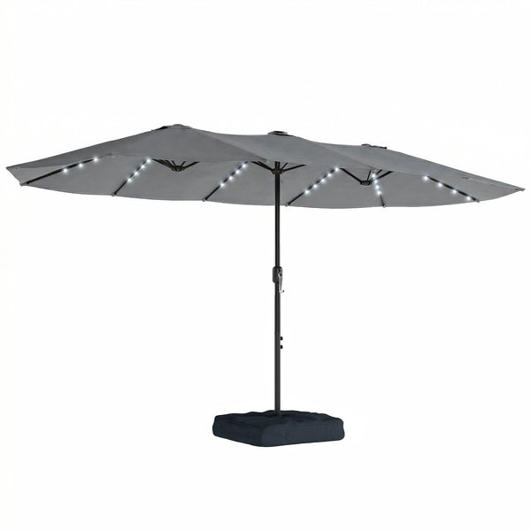 4.5m Garden Parasol Double Sided Umbrella with Base and Sandbags, 60 Solar Powered LED Lights, Patio Umbrella with Crank Handle, Ribs, Water Repellent, Grey