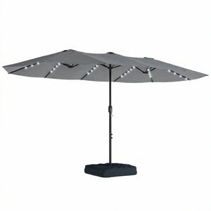 4.5m Garden Parasol Double Sided Umbrella with Base and Sandbags, 60 Solar Powered LED Lights, Patio Umbrella with Crank Handle, Ribs, Water Repellent, Grey