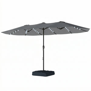 4.5m Garden Parasol Double Sided Umbrella with Base and Sandbags, 60 Solar Powered LED Lights, Patio Umbrella with Crank Handle, Ribs, Water Repellent, Grey