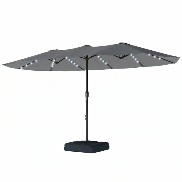 4.5m Garden Parasol Double Sided Umbrella with Base and Sandbags, 60 Solar Powered LED Lights, Patio Umbrella with Crank Handle, Ribs, Water Repellent, Grey