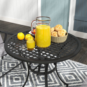 Φ85cm Round Garden Dining Table, Cast Aluminium Coffee Table with Parasol Hole and Adjustable Foot Pad, Patio Table for Outdoor, Balcony, Poolside, Black