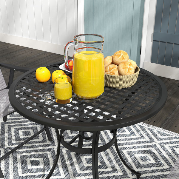 Φ85cm Round Garden Dining Table, Cast Aluminium Coffee Table with Parasol Hole and Adjustable Foot Pad, Patio Table for Outdoor, Balcony, Poolside, Black