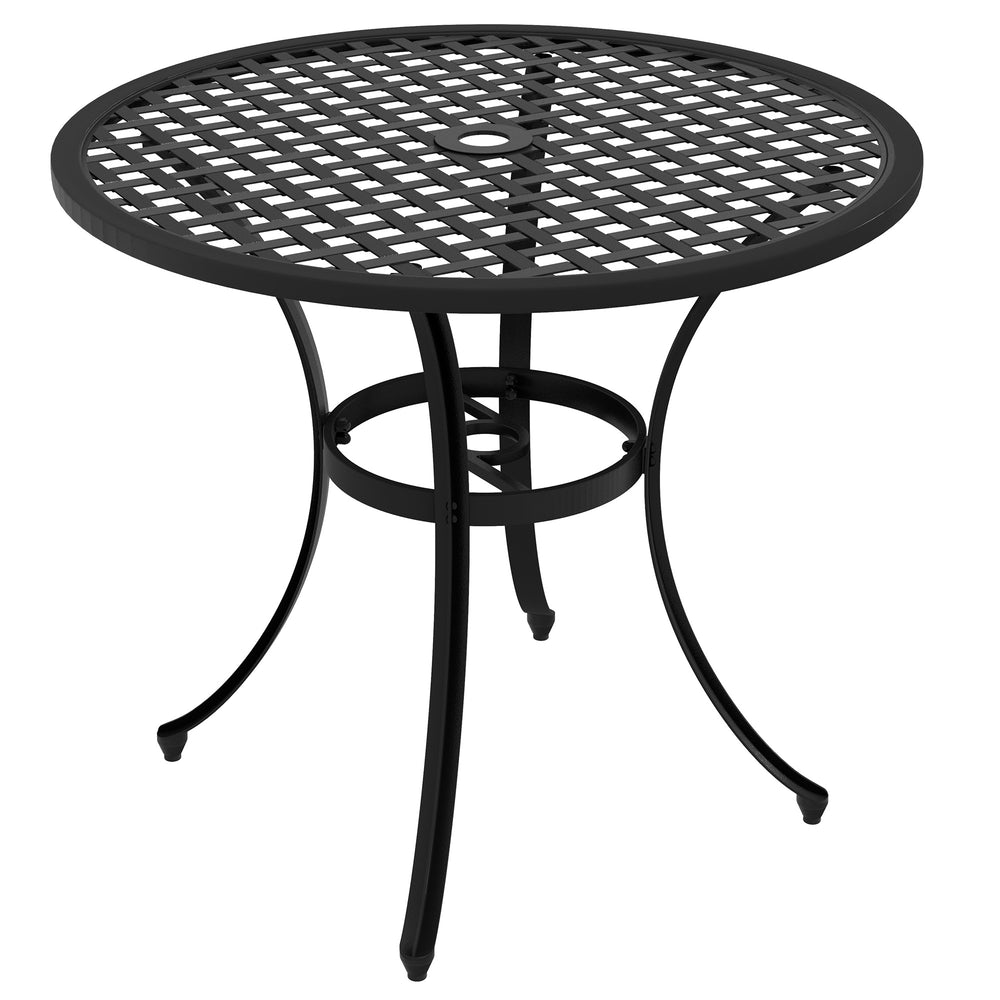 Φ85cm Round Garden Dining Table, Cast Aluminium Coffee Table with Parasol Hole and Adjustable Foot Pad, Patio Table for Outdoor, Balcony, Poolside, Black
