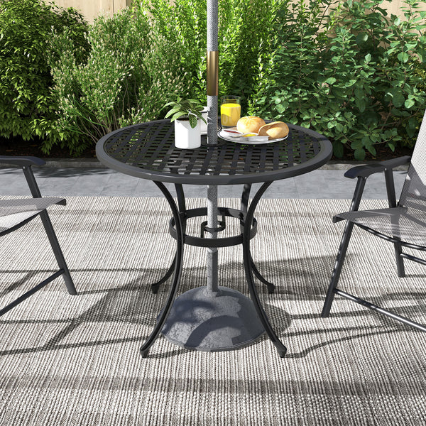 Φ85cm Round Garden Dining Table, Cast Aluminium Coffee Table with Parasol Hole and Adjustable Foot Pad, Patio Table for Outdoor, Balcony, Poolside, Black