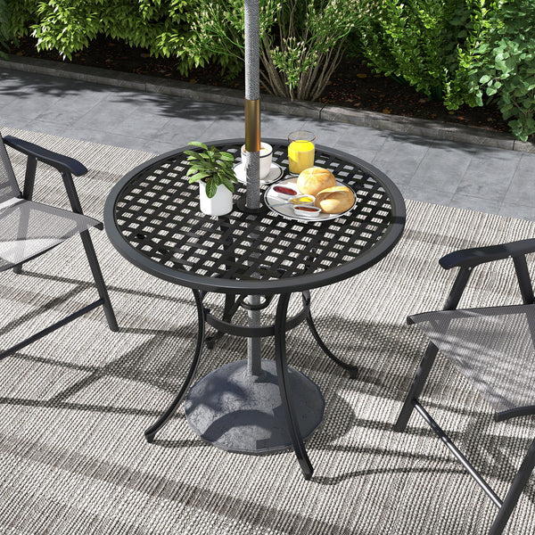 Φ85cm Round Garden Dining Table, Cast Aluminium Coffee Table with Parasol Hole and Adjustable Foot Pad, Patio Table for Outdoor, Balcony, Poolside, Black
