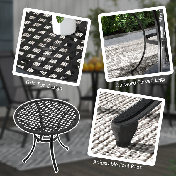 Φ85cm Round Garden Dining Table, Cast Aluminium Coffee Table with Parasol Hole and Adjustable Foot Pad, Patio Table for Outdoor, Balcony, Poolside, Black