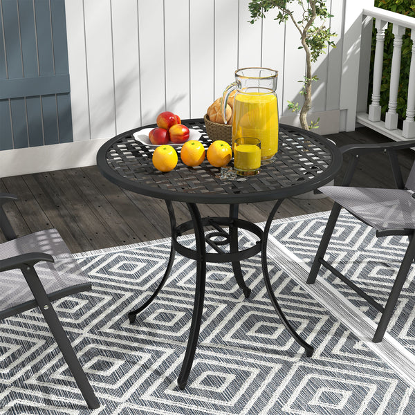 Φ85cm Round Garden Dining Table, Cast Aluminium Coffee Table with Parasol Hole and Adjustable Foot Pad, Patio Table for Outdoor, Balcony, Poolside, Black