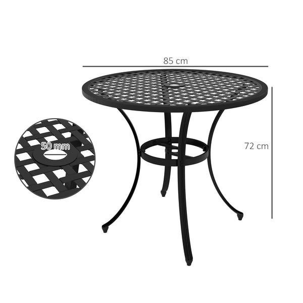 Φ85cm Round Garden Dining Table, Cast Aluminium Coffee Table with Parasol Hole and Adjustable Foot Pad, Patio Table for Outdoor, Balcony, Poolside, Black