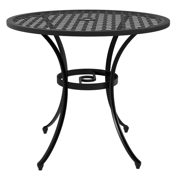 Φ85cm Round Garden Dining Table, Cast Aluminium Coffee Table with Parasol Hole and Adjustable Foot Pad, Patio Table for Outdoor, Balcony, Poolside, Black