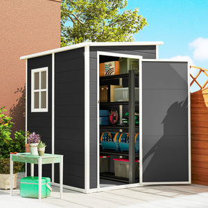 4 x 5FT Plastic Garden Shed with Floor, Lean to Outdoor Storage Shed, Lockable Tool Storage House with Window, Vent and Plastic Roof, Black
