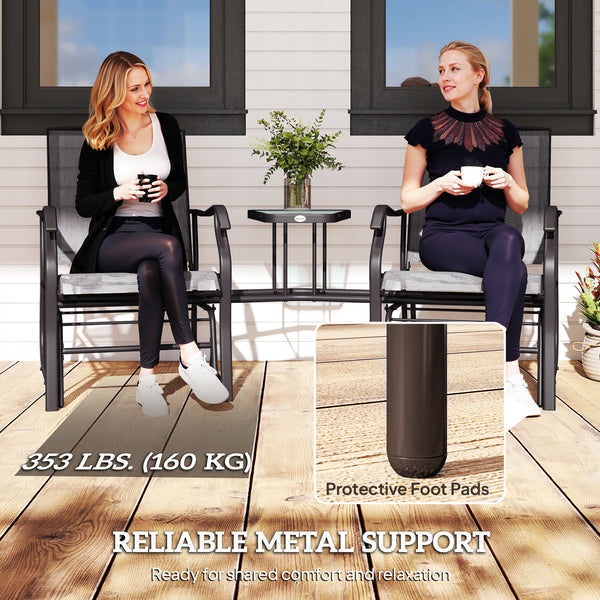 Double Patio Glider Chair with Glass Top Center Table, Outdoor Glider Loveseat with High Back,  All Weather Breathable Mesh Fabric for Garden, Backyard, Deck, Grey