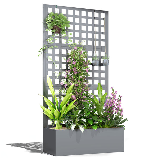 Galvanized Raised Garden Bed with Trellis, 35"x16"x70" Metal Planter Box with Drainage Holes, Outdoor Privacy Screen for Climbing Plant Vegetable Vine, Grey Wood Effect