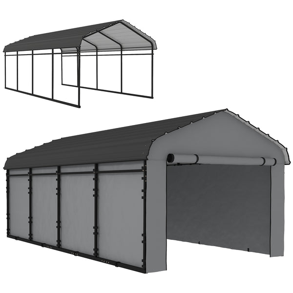 12' x 20' x 8.5' Heavy Duty Metal Carport, Waterproof Car Shelter Garage Canopy with Galvanized Metal Roof and Removable Sidewalls for Cars, Boats and Trucks, Light Grey