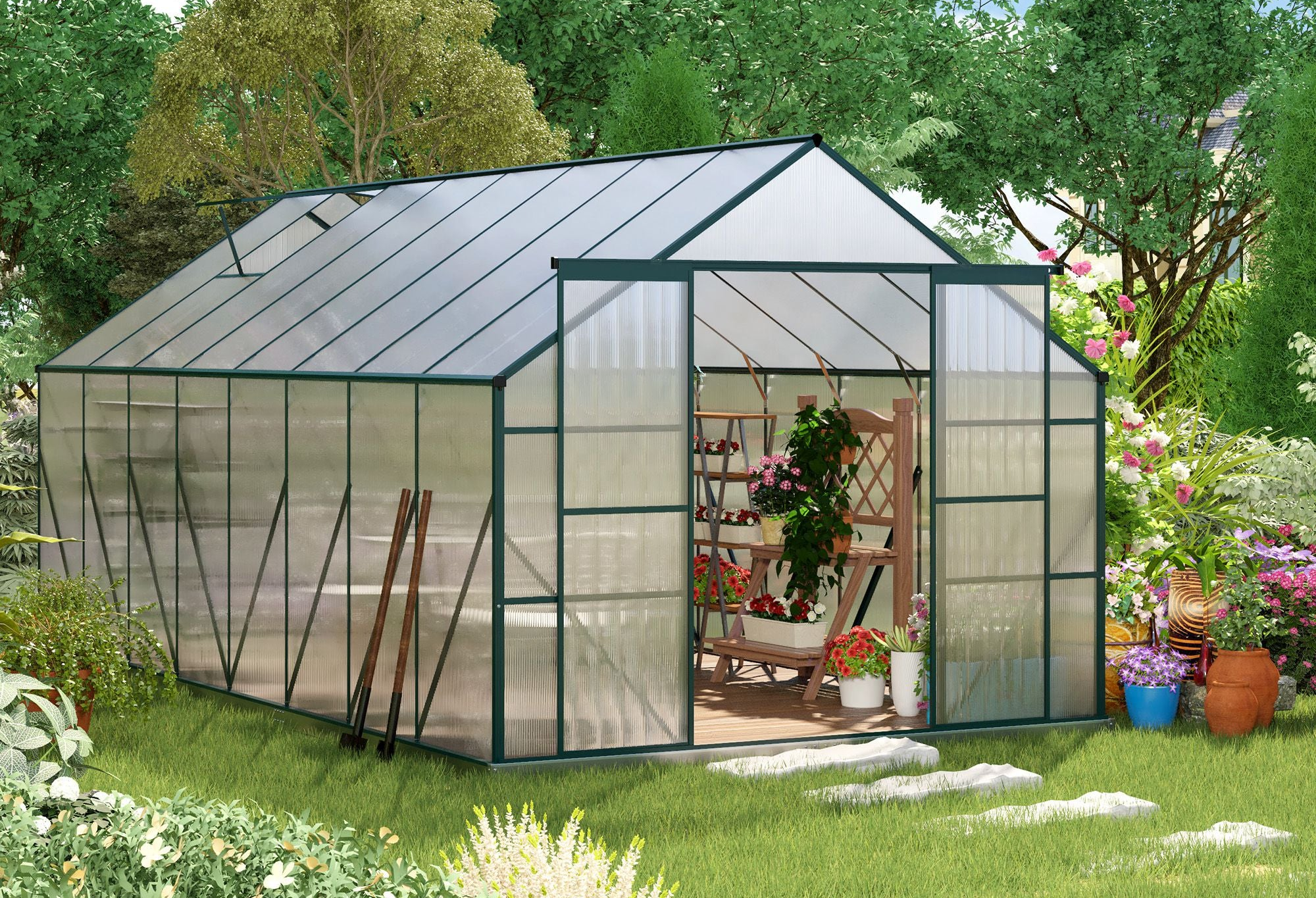 Greenhouse in a garden with plants and flowers